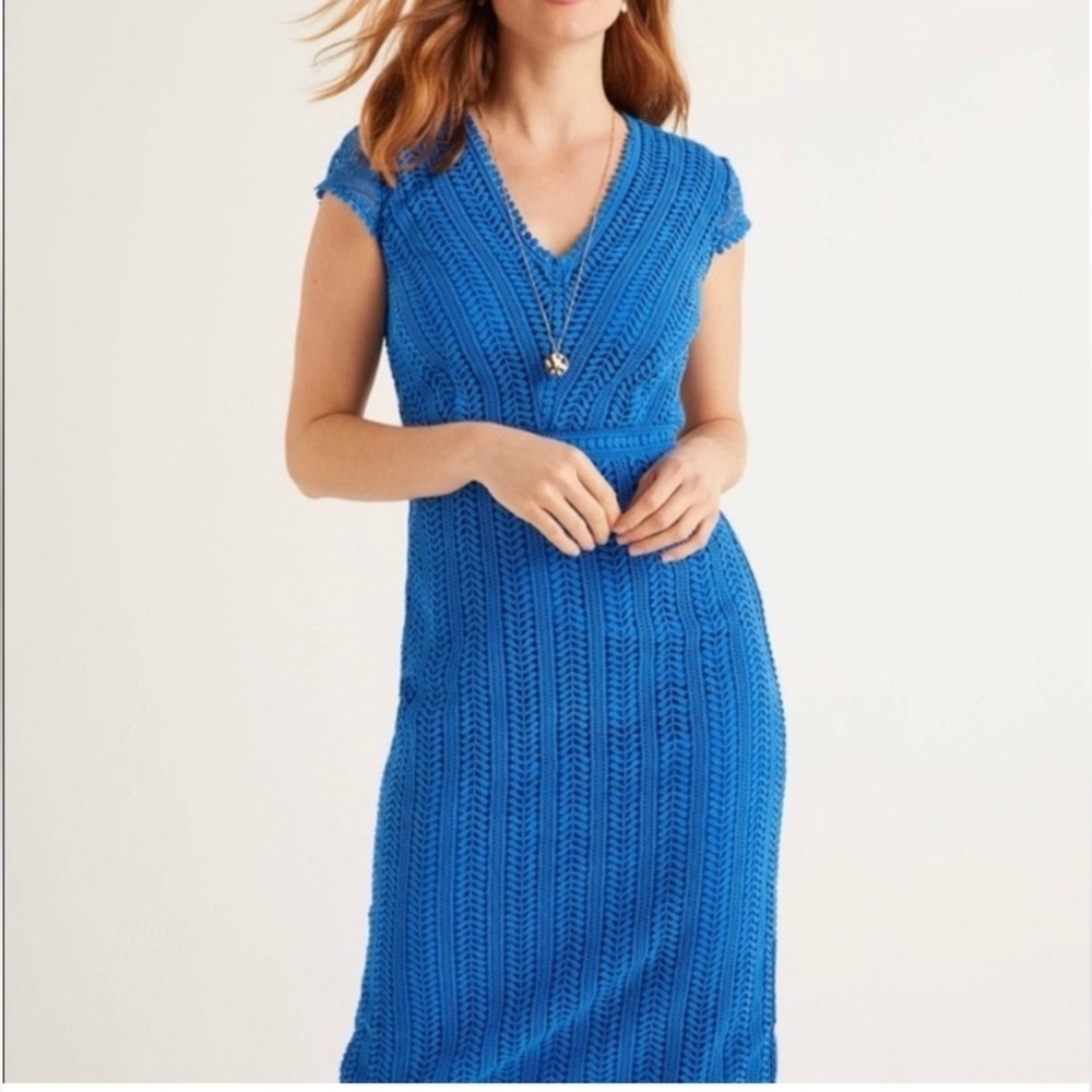 Bodin Nancy Lace Blue Sheath Midi Dress with V-Neck and Short Sleeves US 20/22 L